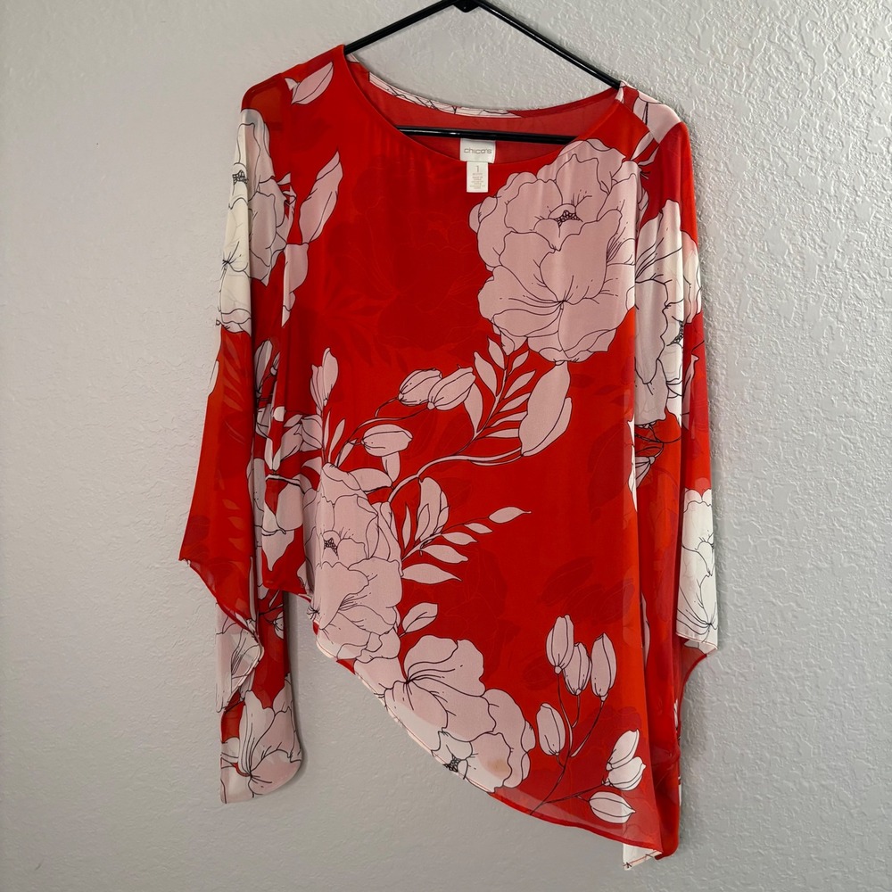 Chicos Floral Asymmetrical Blouse Red Pink White Kimono Sleeve Petite 1 M